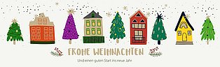 Illustration mit bunten Häusern und Tannenbäumen, darunter der Schriftzug „Frohe Weihnachten“.